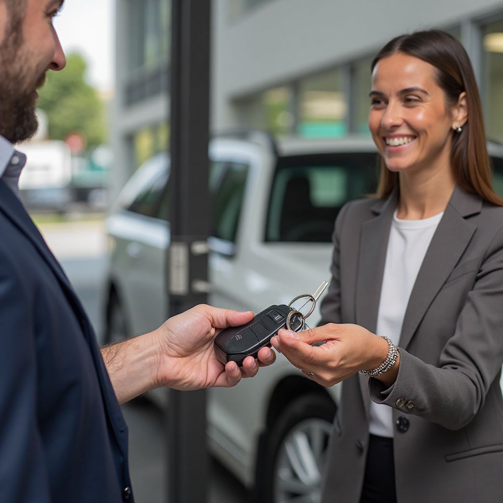 Cliente recibiendo las llaves de un vehículo con sonrisa