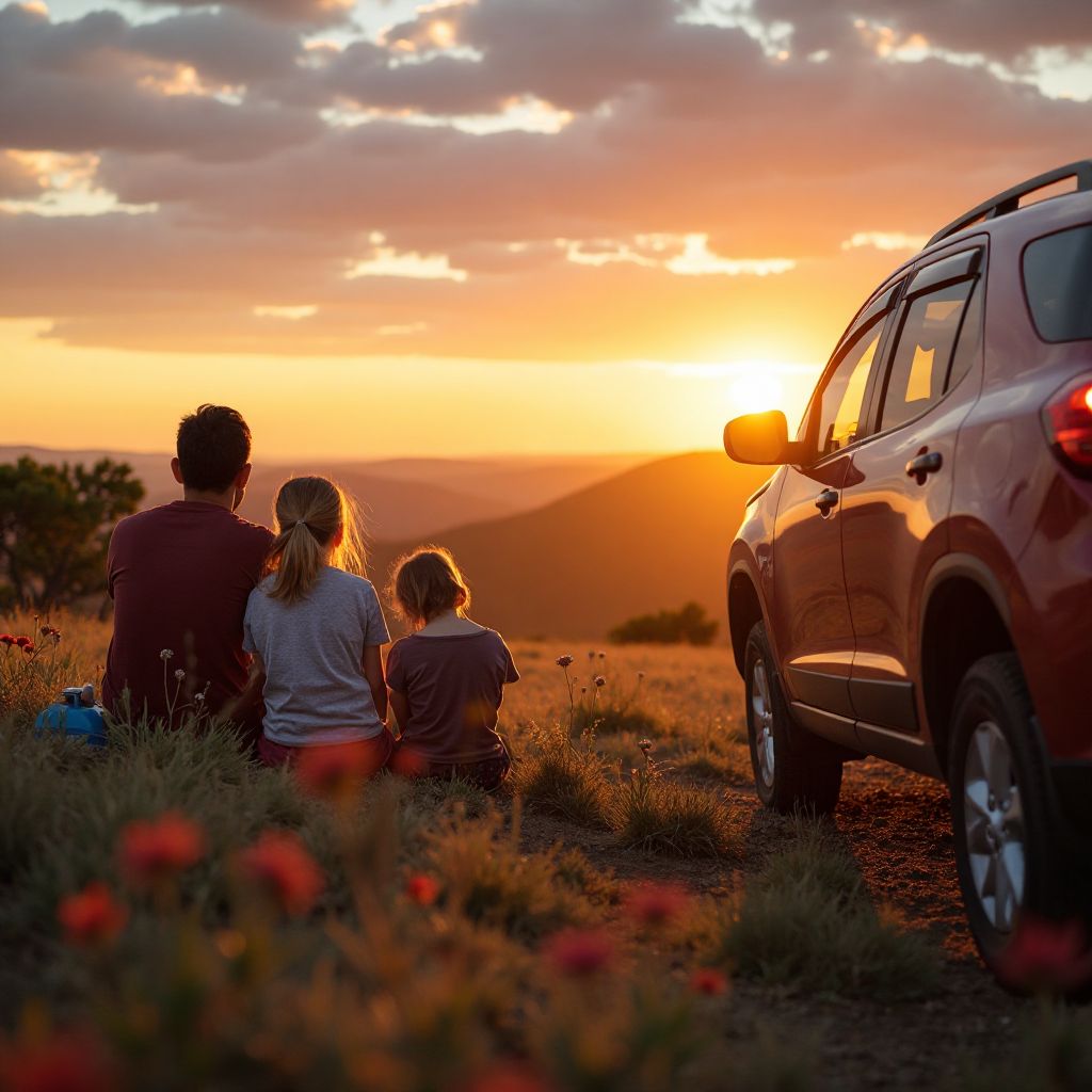 Familia disfrutando de puesta de sol junto a vehículo alquilado
